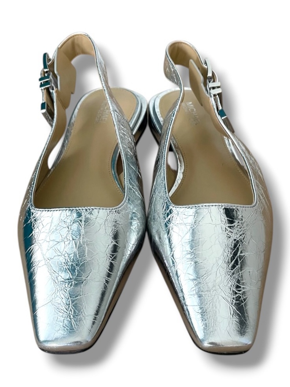 Michael Kors Silver Slingback Flats 7.5M Metallic Crackle Leather Pointed Toe